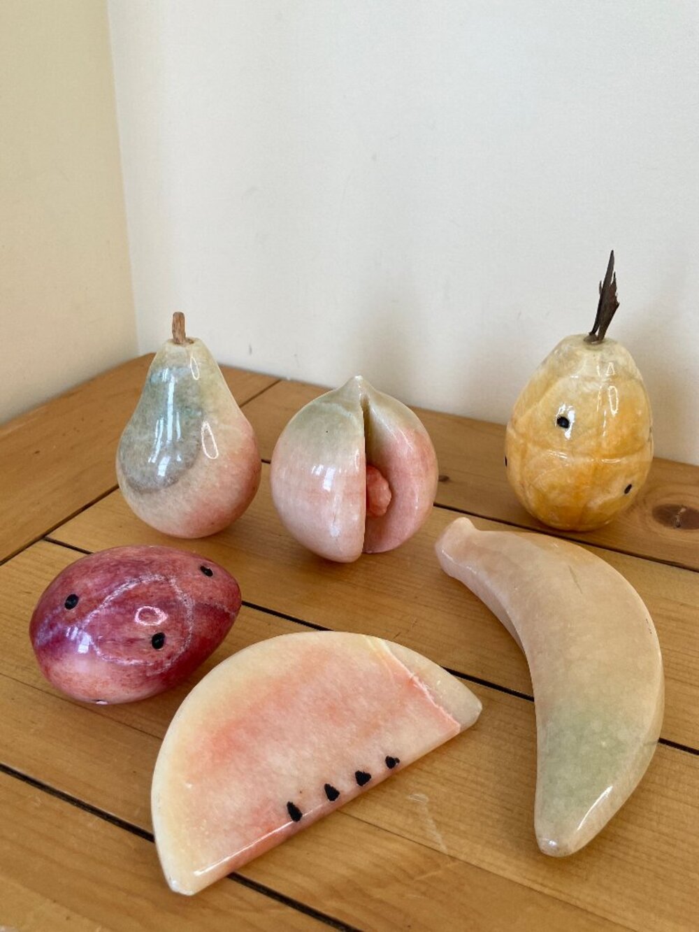 Alabaster Decorative Stone Fruit Carved Banana Pear Peach Watermelon Set of 6